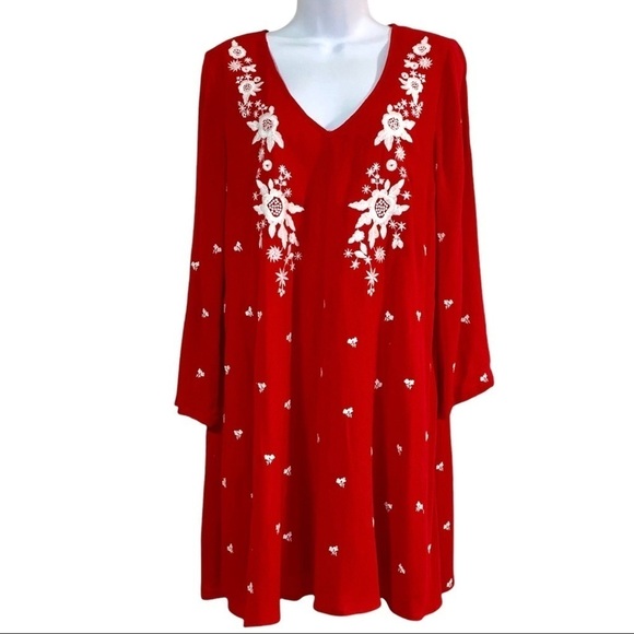 Sugar+Lips Red Embroidered V-neck Boho Mini Dress Tunic Top Medium - Picture 1 of 7